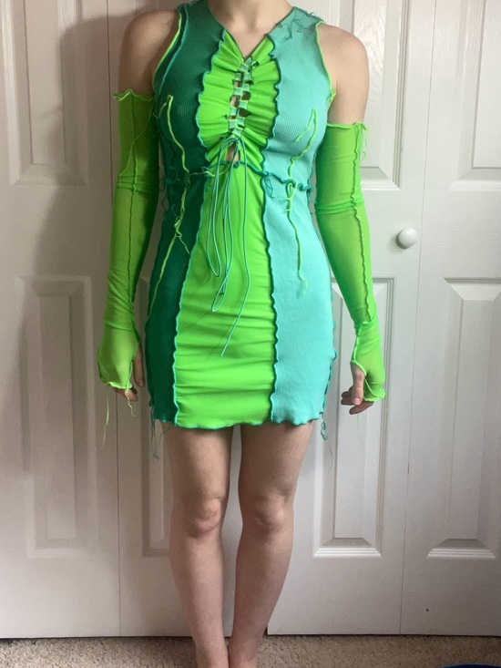 AKIRA Dresses & Skirts - Akira Green Patchwork Cutout Lace-Up Mini Dress